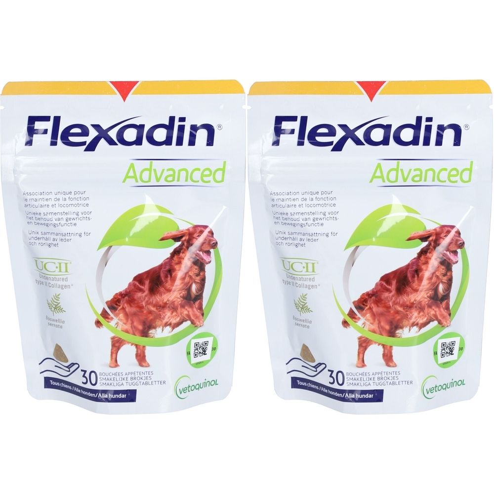 Deux sachets Flexadin Advanced. Image d'un chien, feuilles et texte. Logo Vetoquinol.