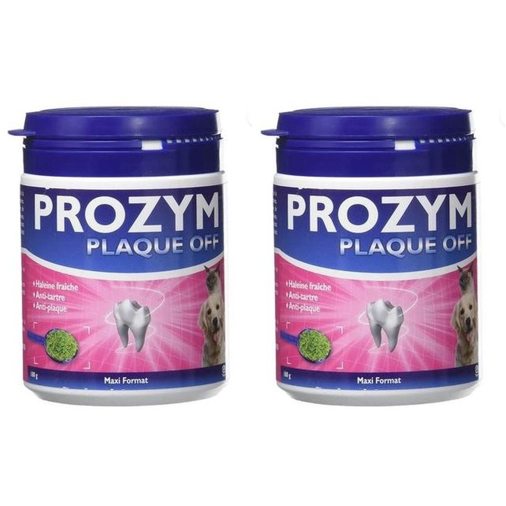 Deux boîtes bleues avec l'inscription "PROZYM PLAQUE OFF". Inscription "Maxi Format". Image d'une dent et d'un chien.