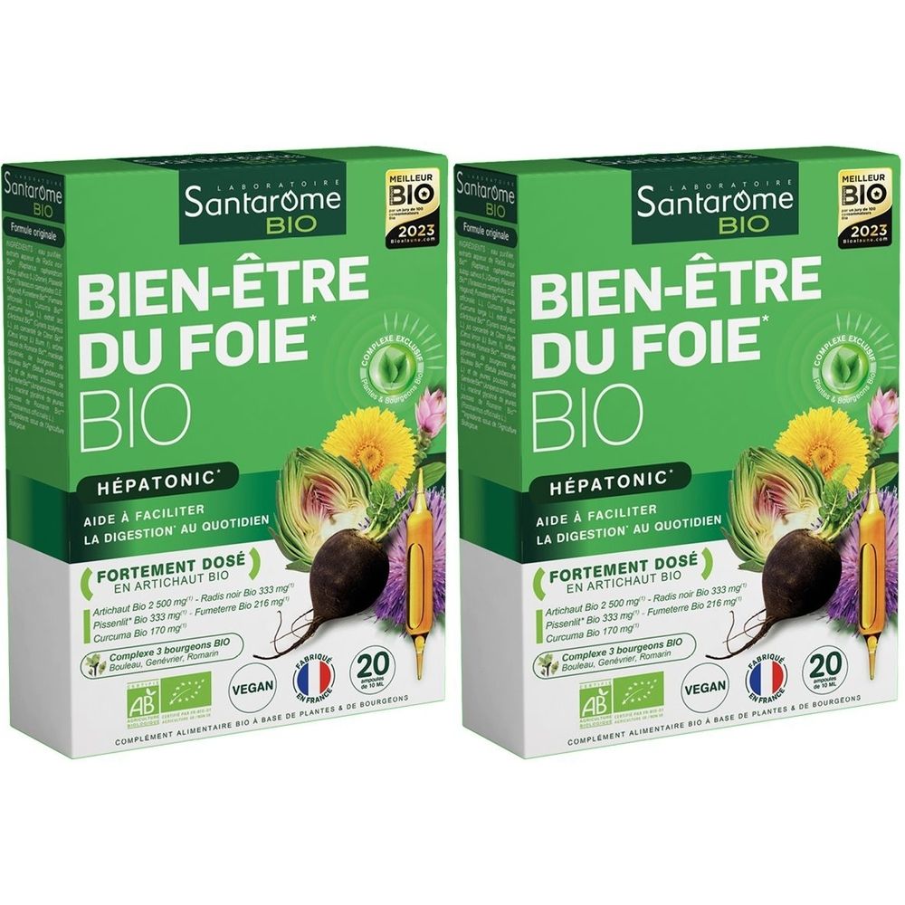 Deux boîtes vertes "Bien-Être du Foie Bio". Contient 20 comprimés. Certification Vegan.