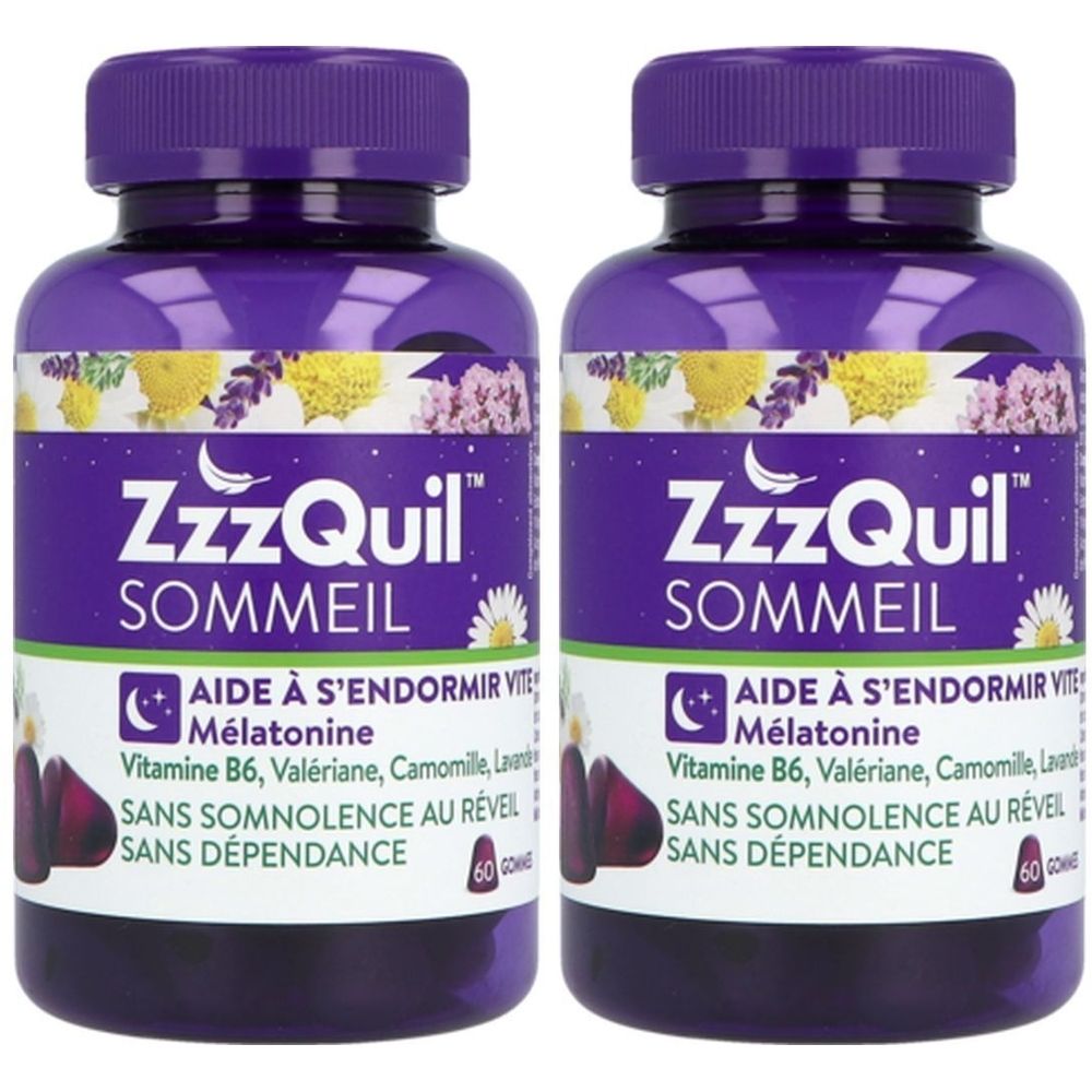 Deux flacons violets ZzzQuil Sommeil. Inscription : Aide à s'endormir vite. Contient mélatonine, vitamine B6, valériane, camomille, lavande. 60 gommes.
