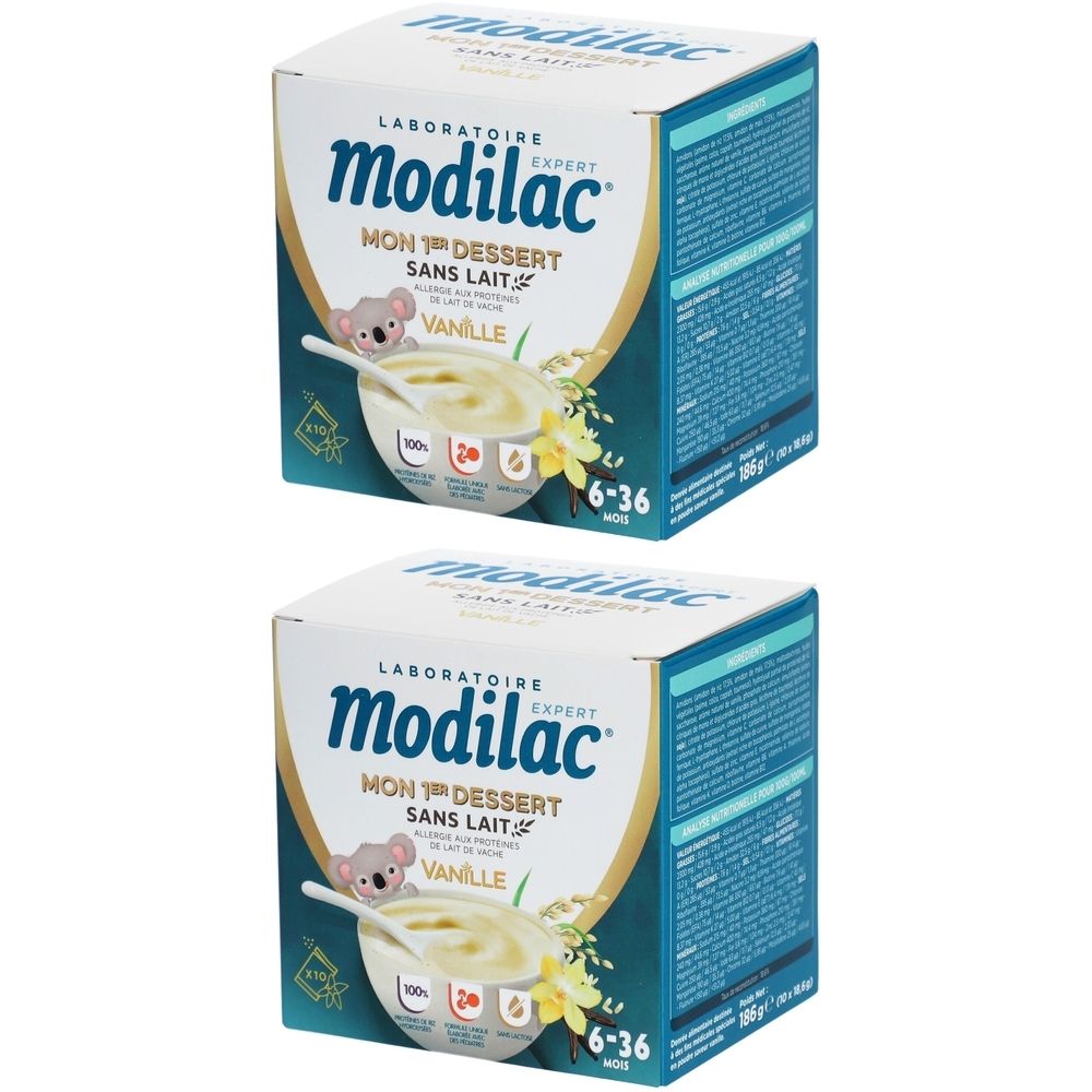 Deux boîtes de dessert Modilac sans lait, vanille. Inscription : 6-36 mois. Illustration de koala. Emballage bleu et blanc.