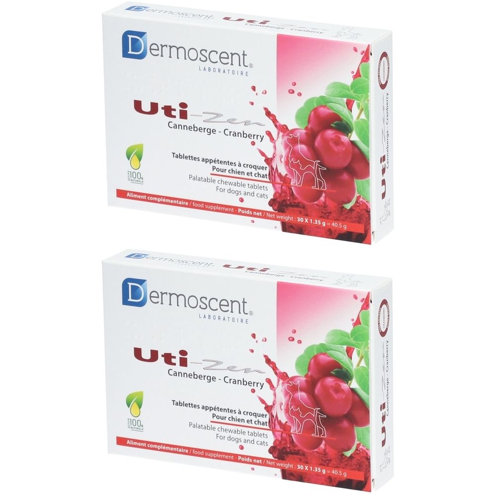 Deux boîtes rectangulaires avec informations produit. Inscription: Dermoscent Uti-Zen Canneberge-Cranberry. Illustration de canneberges.
