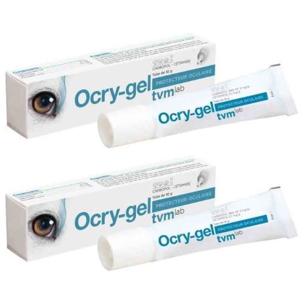 Deux tubes de gel Ocry-gel avec emballage. Sur l'emballage et les tubes, on peut lire Ocry-gel, tvm lab et PROTECTEUR OCULAIRE.