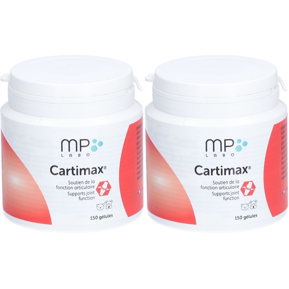 Deux pots blancs avec étiquette rouge. Inscription: MP Labo Cartimax, 150 gélules. Soutien de la fonction articulaire.