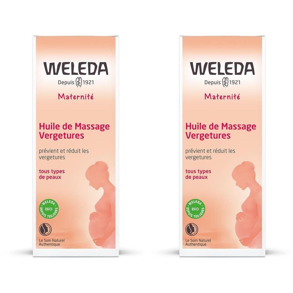 Deux flacons d'huile WELEDA Maternité. Inscription: Huile de Massage Vergetures, tous types de peaux.