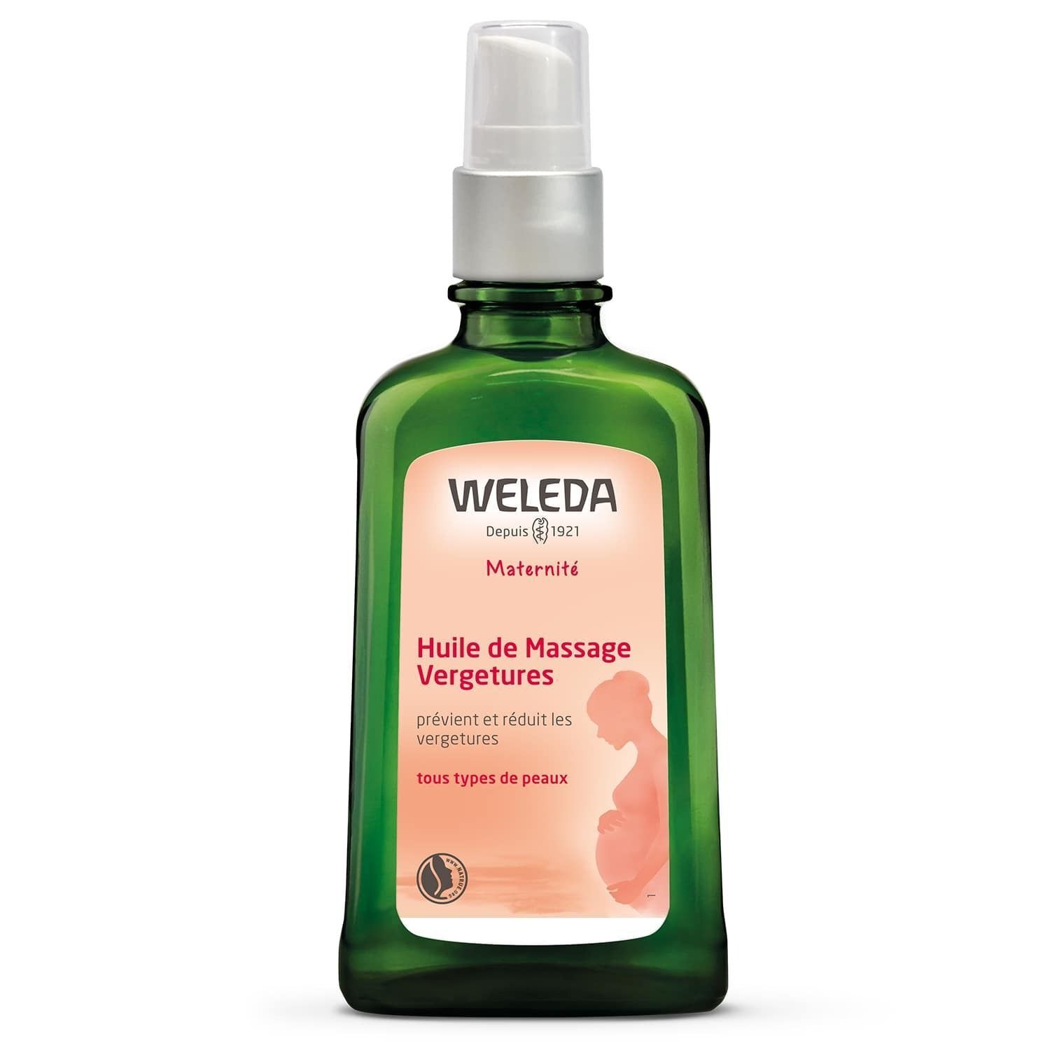 Flacon en verre vert WELEDA Maternité avec pompe. Inscription: Huile de Massage Vergetures.