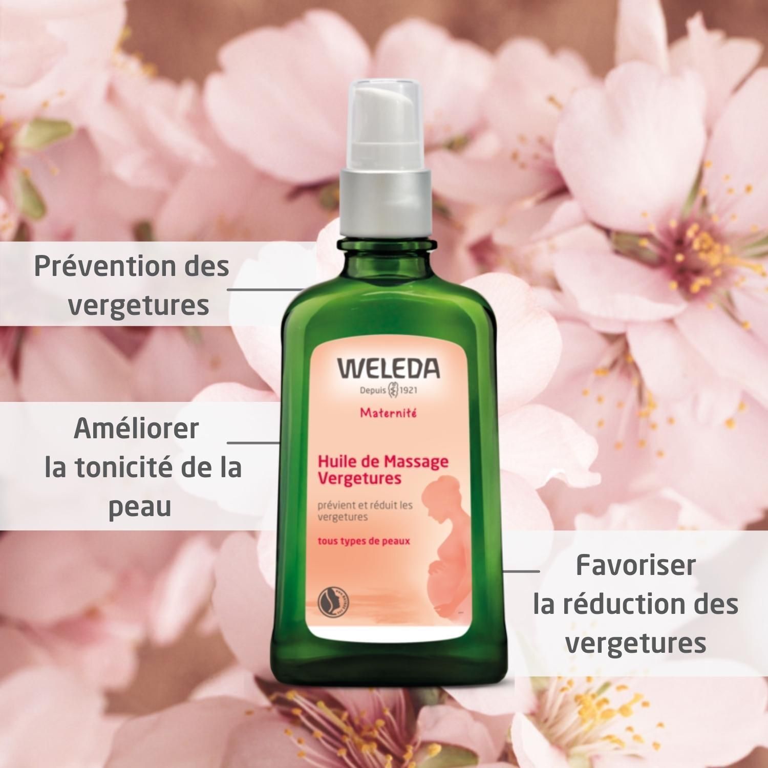 Flacon en verre vert WELEDA Maternité. Texte: Huile de Massage Vergetures. Fond: fleurs.