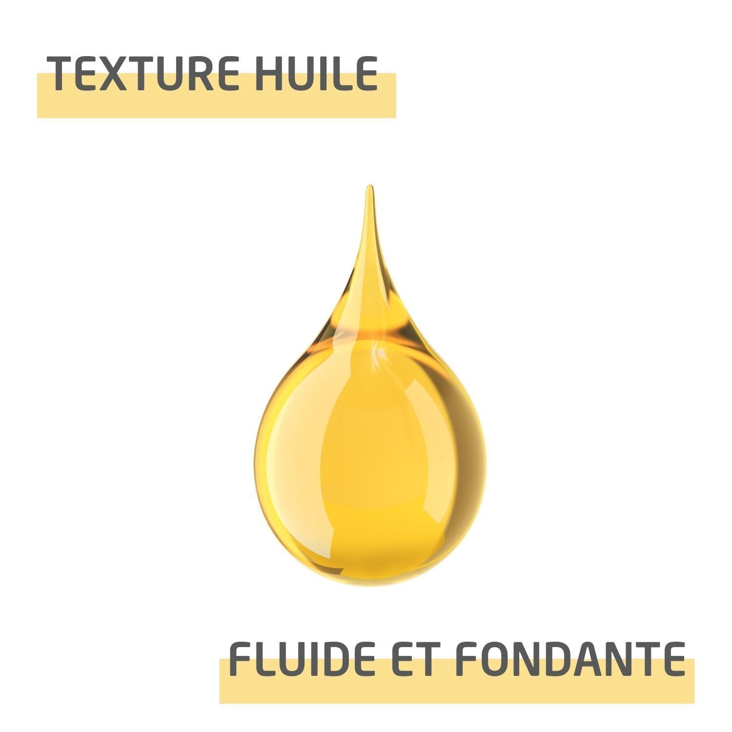 Goutte d'huile jaune. Texte: TEXTURE HUILE, FLUIDE ET FONDANTE.