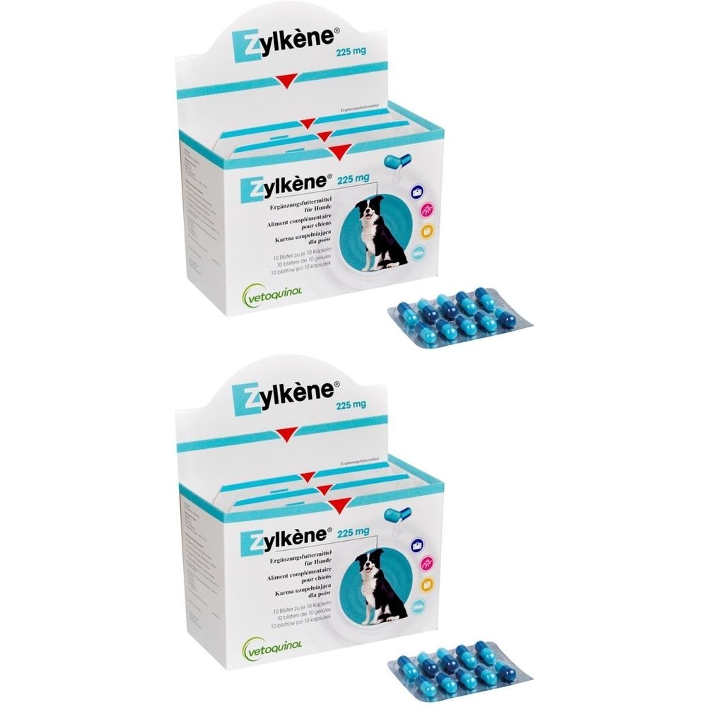 Zylkène 225 mg pour chiens. Boîtes de comprimés et emballage. Gélules bleues en plaquettes. Nom du produit et logo visibles.