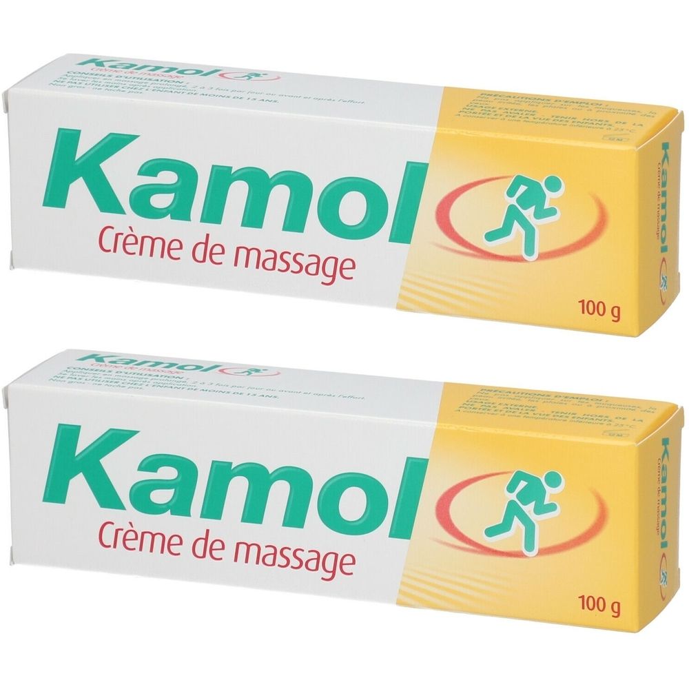 Deux boîtes blanches avec le mot "Kamol" en vert et "Crème de massage". Extrémités jaunes avec symbole de coureur et "100 g".