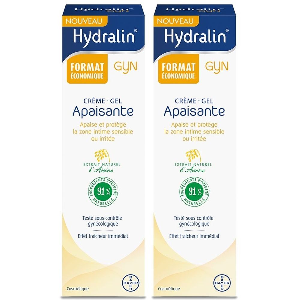 Deux tubes de crème-gel Hydralin Apaisante. Emballage blanc avec texte bleu et jaune. Inscription : "Apaisante", "91% naturelle".