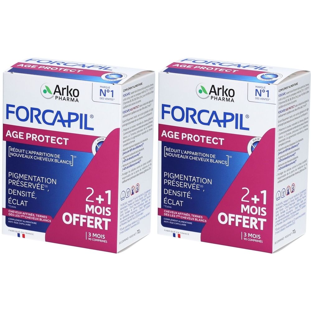 Deux boîtes de "FORCAPIL AGE PROTECT". Inscription "2+1 MOIS OFFERT".