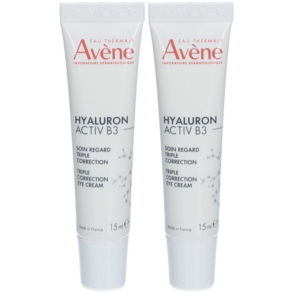 Deux tubes de crème pour les yeux. Blancs, avec texte rouge et noir. Inscription : Avène, Hyaluron Activ B3, Triple Correction.