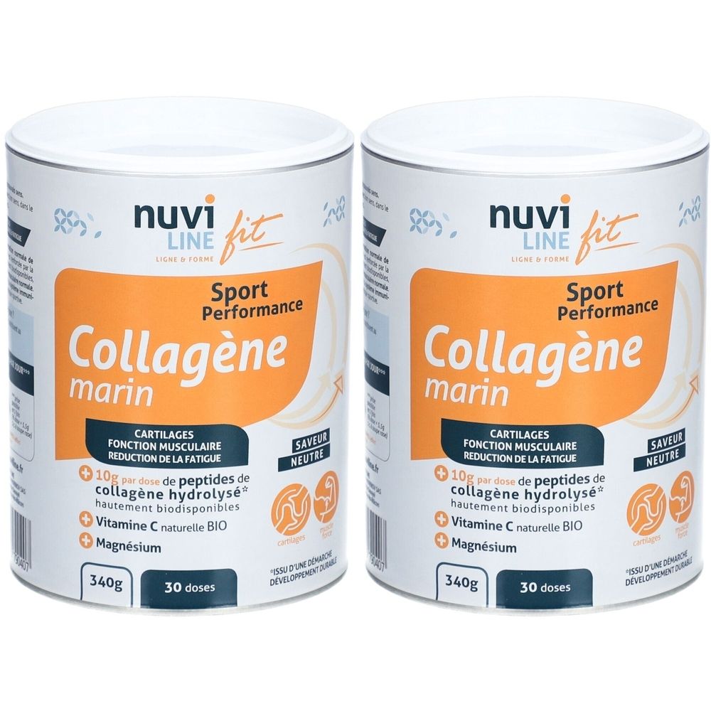 Deux boîtes de Nuvi Line Fit Collagène marin, Sport Performance, saveur neutre. Boîtes blanches avec étiquettes orange, texte en français.