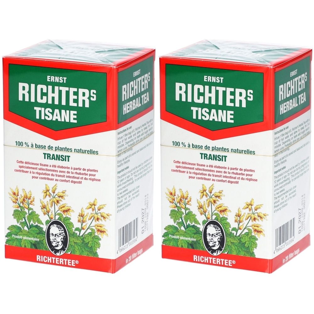 Deux boîtes carrées avec "Richters Tisane" et "Herbal Tea". Cadre rouge, texte vert, emballage blanc.
