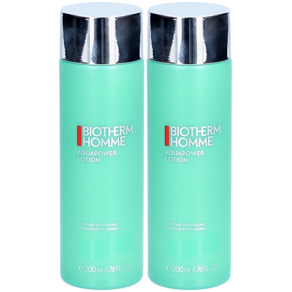 Deux flacons turquoise avec bouchons argentés. Chaque flacon porte l'inscription "BIOTHERM HOMME AQUAPOWER LOTION".