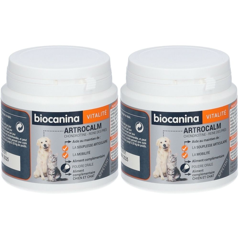Deux pots blancs de ARTROCALM biocanina. Inscription : Chondroïtine, pour chiens et chats. Visuel : chien et chat.