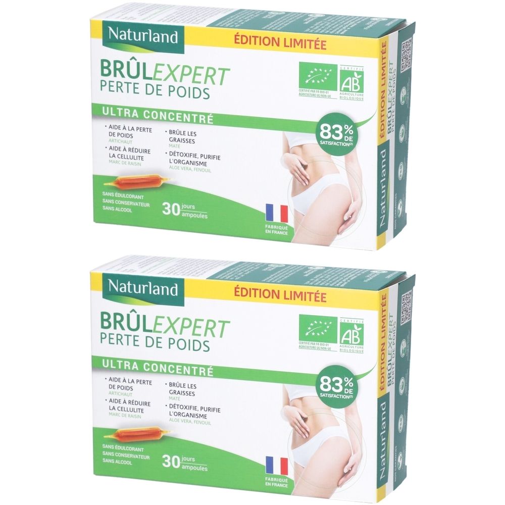 Deux boîtes de Naturland BRÛLEXPERT Perte de poids. Inscription : Ultra concentré, 30 gélules, Édition limitée. Certification AB.