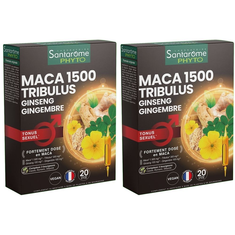 Deux boîtes de Santarome PHYTO Maca 1500 Tribulus Ginseng Gingembre. Emballage noir avec nom du produit et ingrédients.