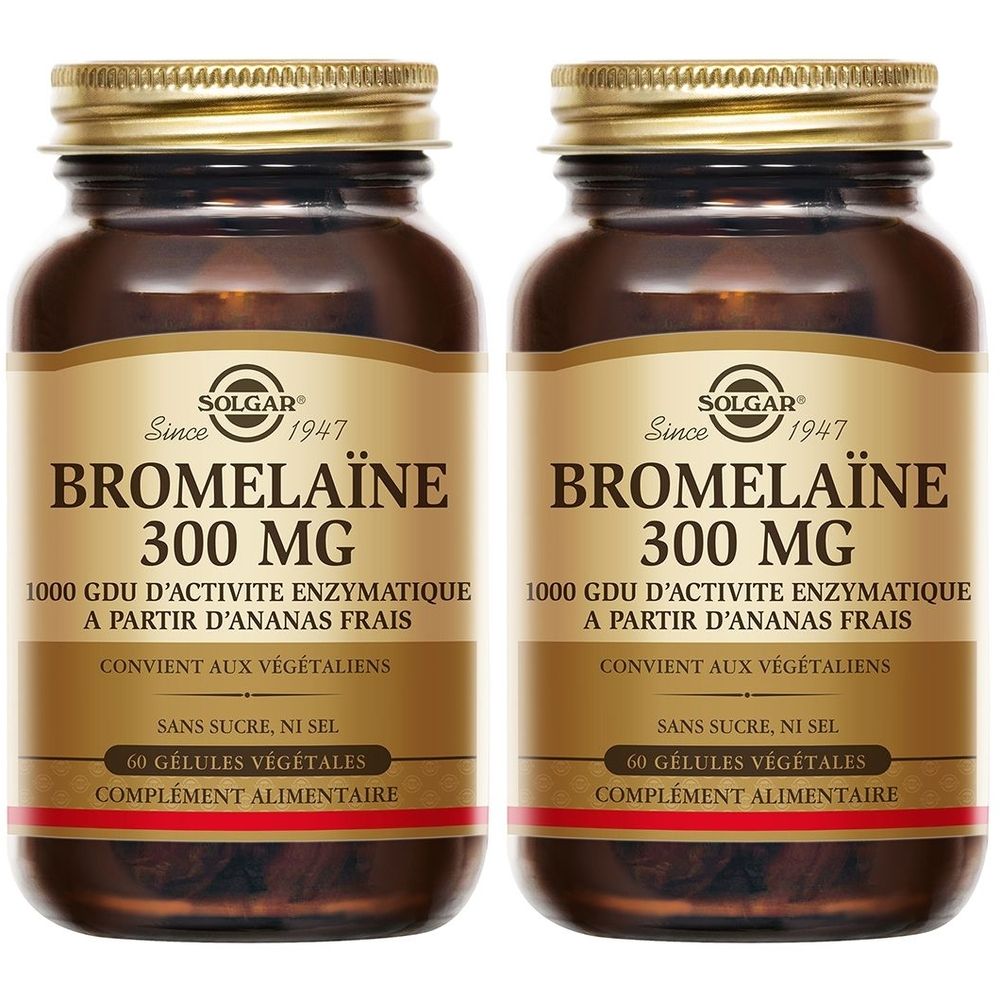 Deux flacons en verre brun avec bouchons dorés. Étiquettes avec texte : BROMELAÏNE 300 MG, 1000 GDU, Solgar.