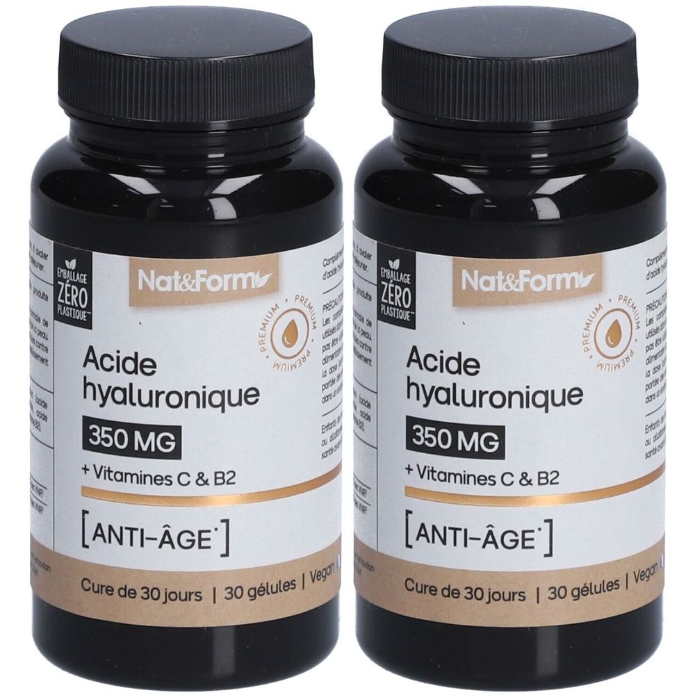 Deux flacons noirs. Inscription : Nat&Form, Acide hyaluronique 350 MG + Vitamines C & B2, [ANTI-ÂGE].