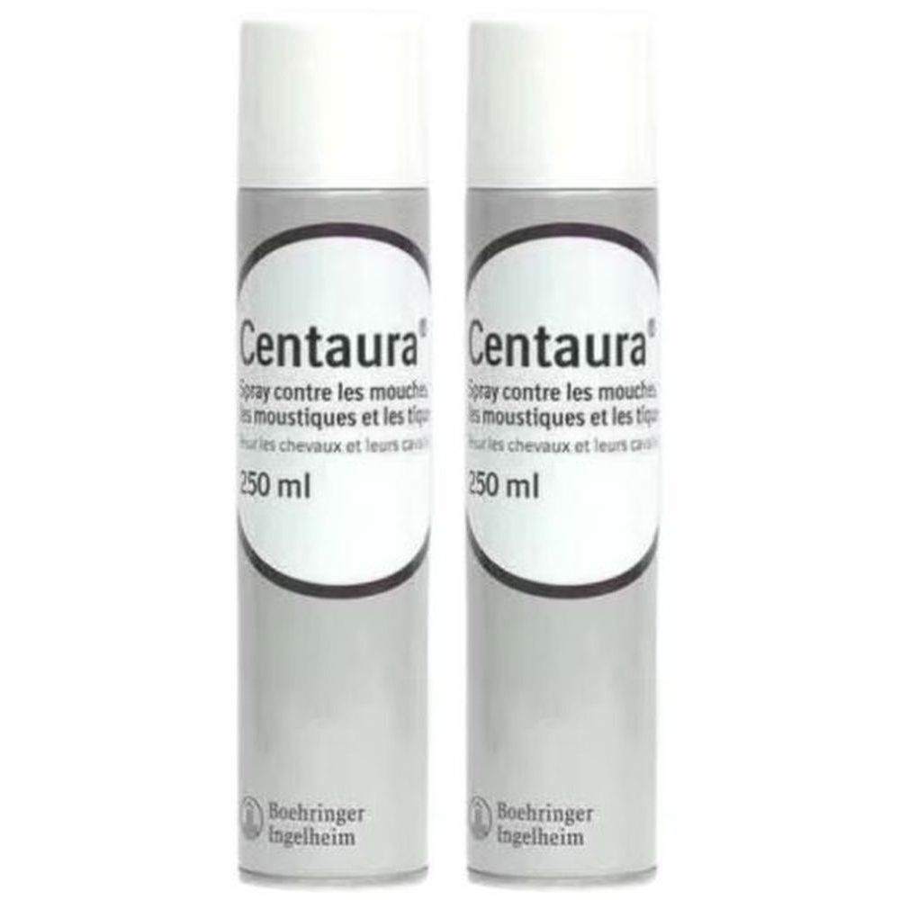 Deux sprays Centaura, contre les moustiques et les tiques, 250 ml. Marque Boehringer Ingelheim. Bouchon blanc.