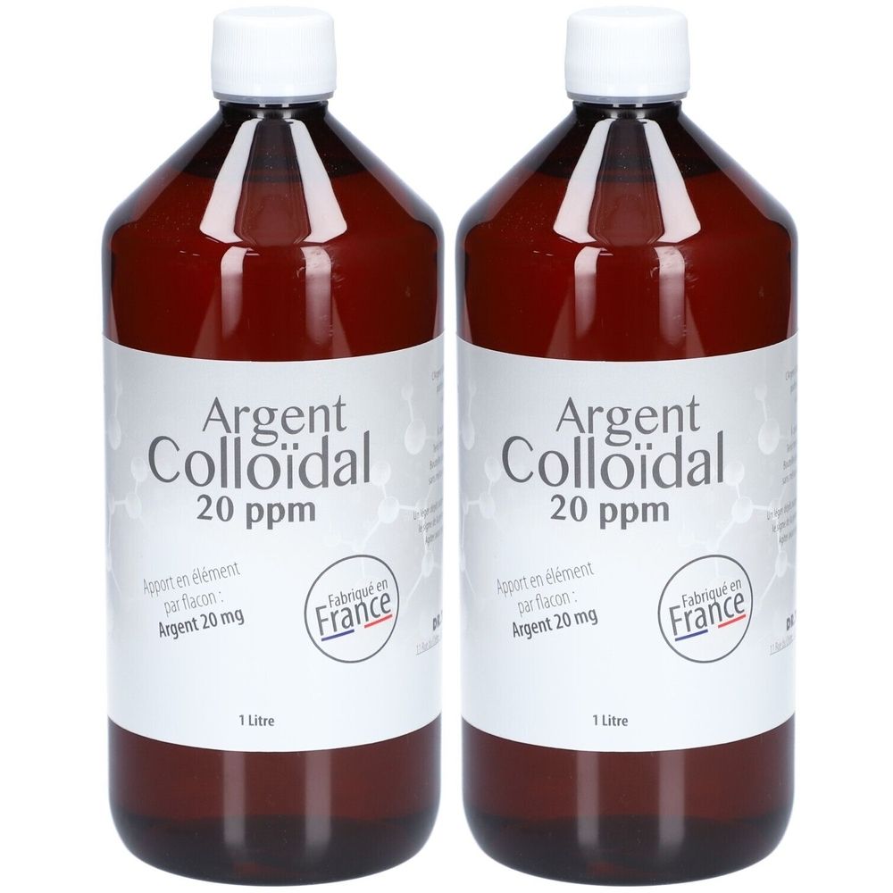 Deux flacons bruns avec étiquette blanche. Inscription : Argent Colloïdal 20 ppm. Fabriqué en France. 1 litre.