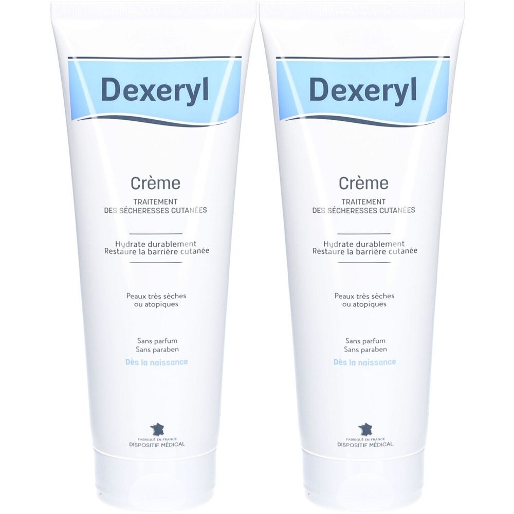 Deux tubes blancs de Dexeryl Crème. Inscriptions bleues et blanches. Texte : Crème, traitement sécheresses cutanées, hydrate durablement, sans parfum, sans paraben.