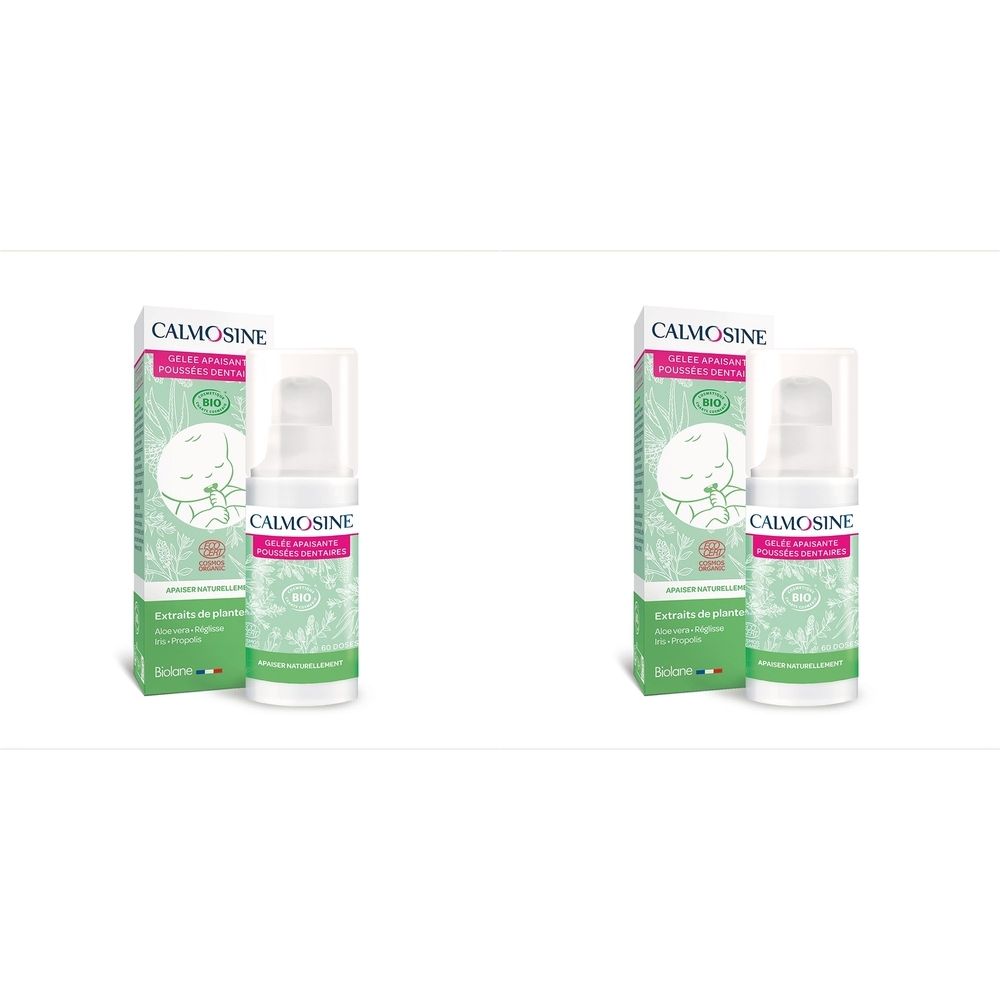 Deux produits avec emballage. Inscription : Calmosine, Gelée Apaisante Poussée Dentaire Bio. Certification Bio.