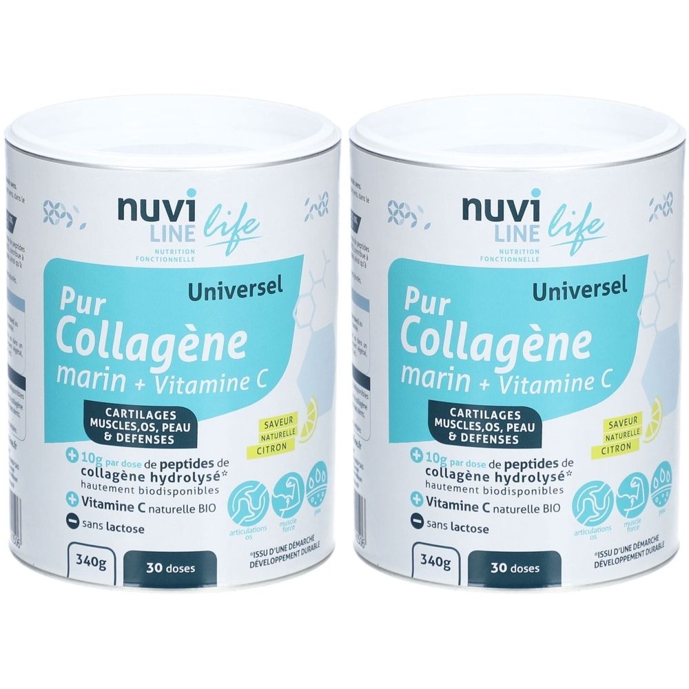 Deux boîtes de "Nuvi Life" Collagène marin + Vitamine C. Inscription : "Pur Collagène marin + Vitamine C". Contient 30 doses, 340g. Avec vitamine C et sans lactose.
