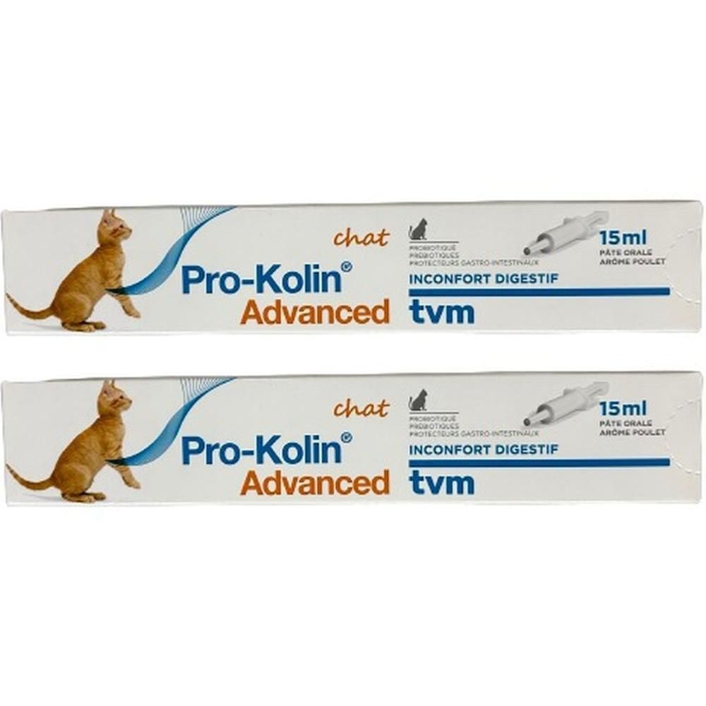Deux boîtes de Pro-Kolin Advanced Katze. Boîtes blanches avec nom du produit, illustration de chat et seringue doseuse.