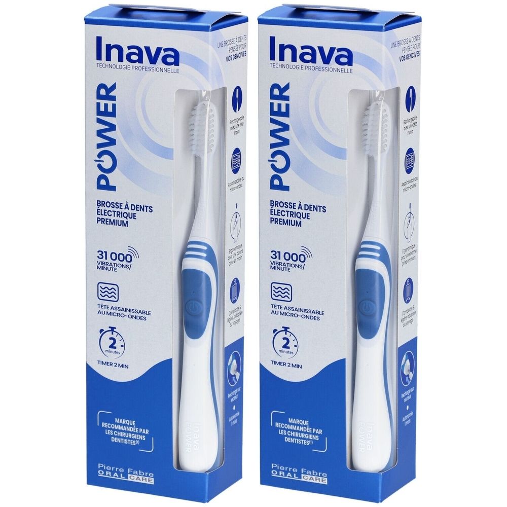 Deux brosses à dents électriques dans leur emballage. Brosses bleues et blanches. Inscription : Inava Power, 31 000 vibrations/minute.