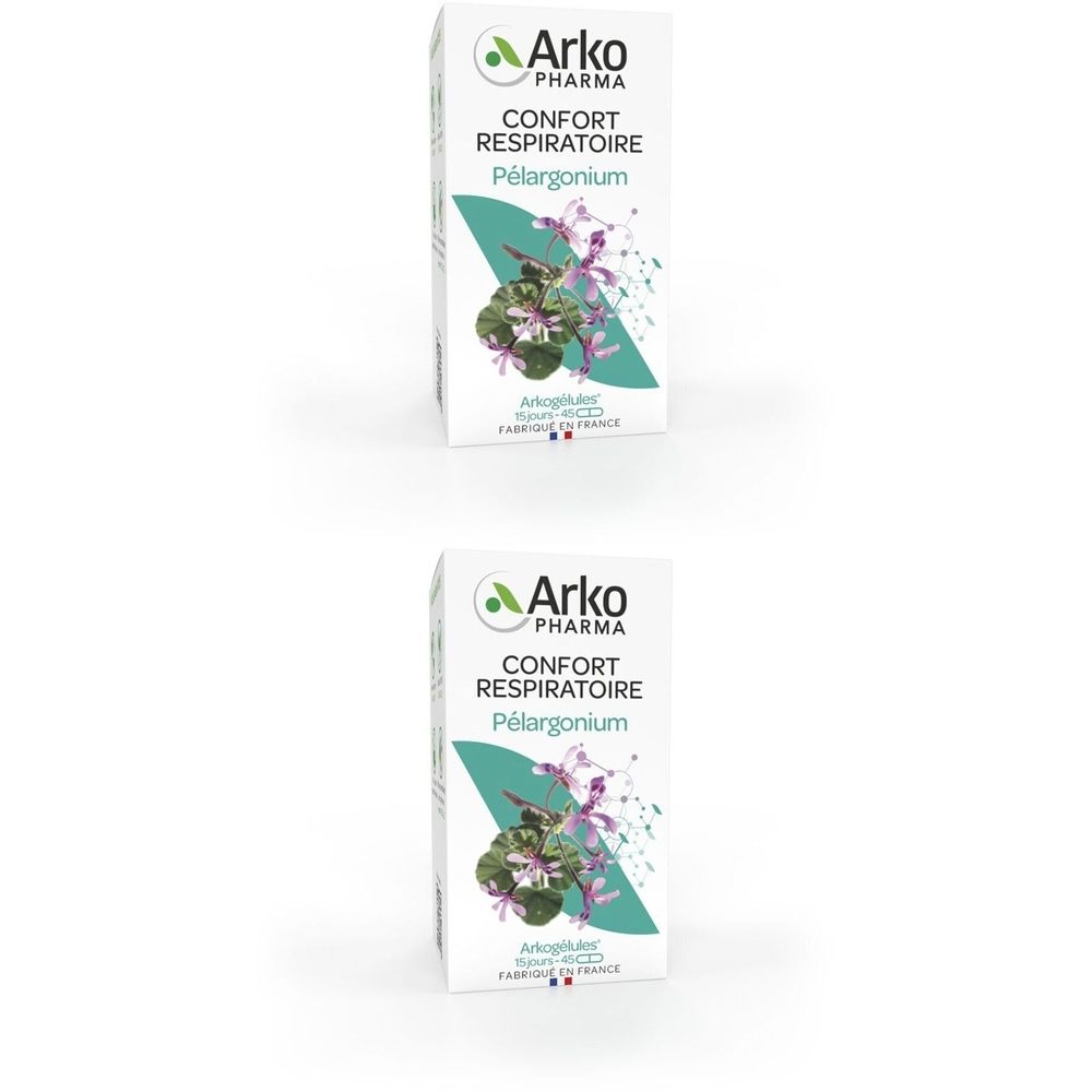 Deux boîtes Arkopharma Arkogélules Pelargonium. Emballage blanc avec logo et nom du produit. Illustration de plantes.