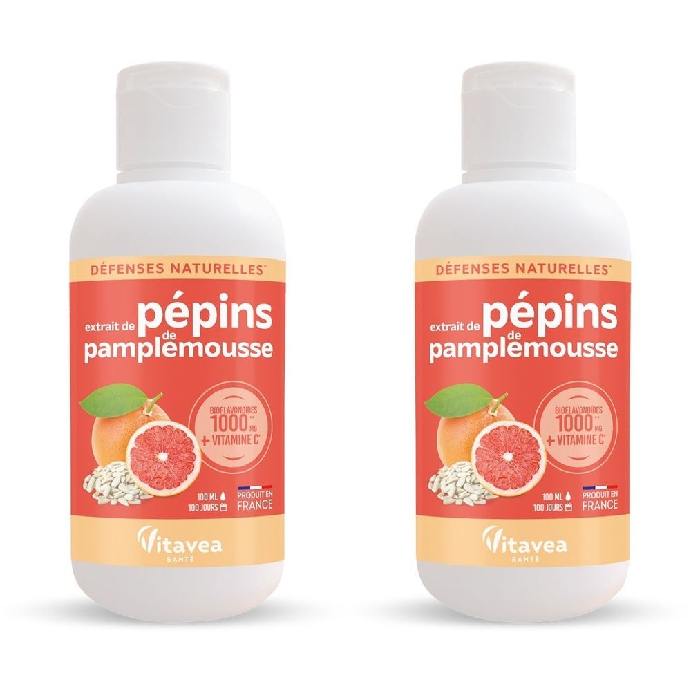 Deux flacons de Nutrisanté Extrait de Pépins de pamplemousse. Étiquettes rouges avec nom du produit, illustration de pamplemousse et vitamine C.