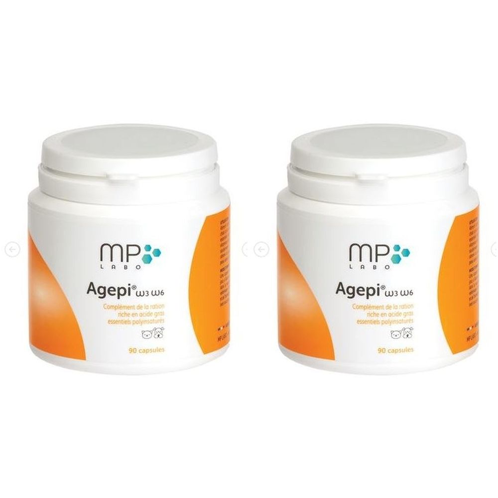 Deux pots blancs avec couvercles. Inscription MP Labo Agepii ω3 ω6. Accents orange. 90 capsules.