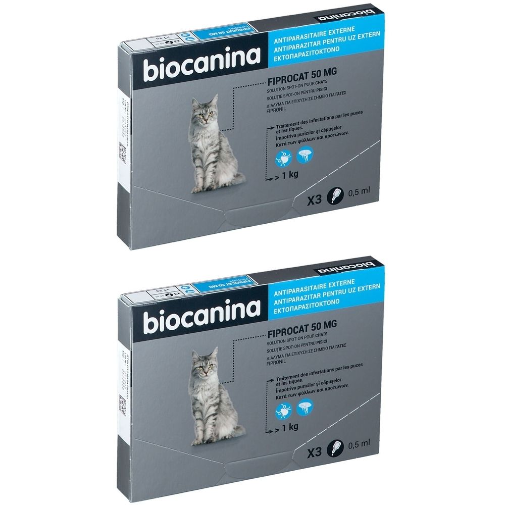 Deux boîtes de Fiprocat 50 mg de biocanina. Chaque boîte présente une image d'un chat.