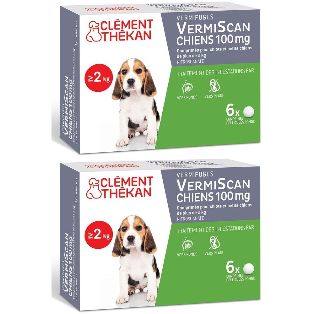 Deux boîtes de vermifuge pour chiens. Inscription : VERMISCAN CHIENS 100mg. Marque : CLEMENT THEKAN. Pour chiens de plus de 2 kg.