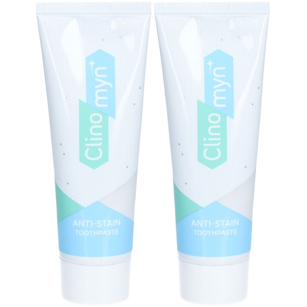 Deux tubes de dentifrice. Inscription : Clino myn, dentifrice anti-taches.