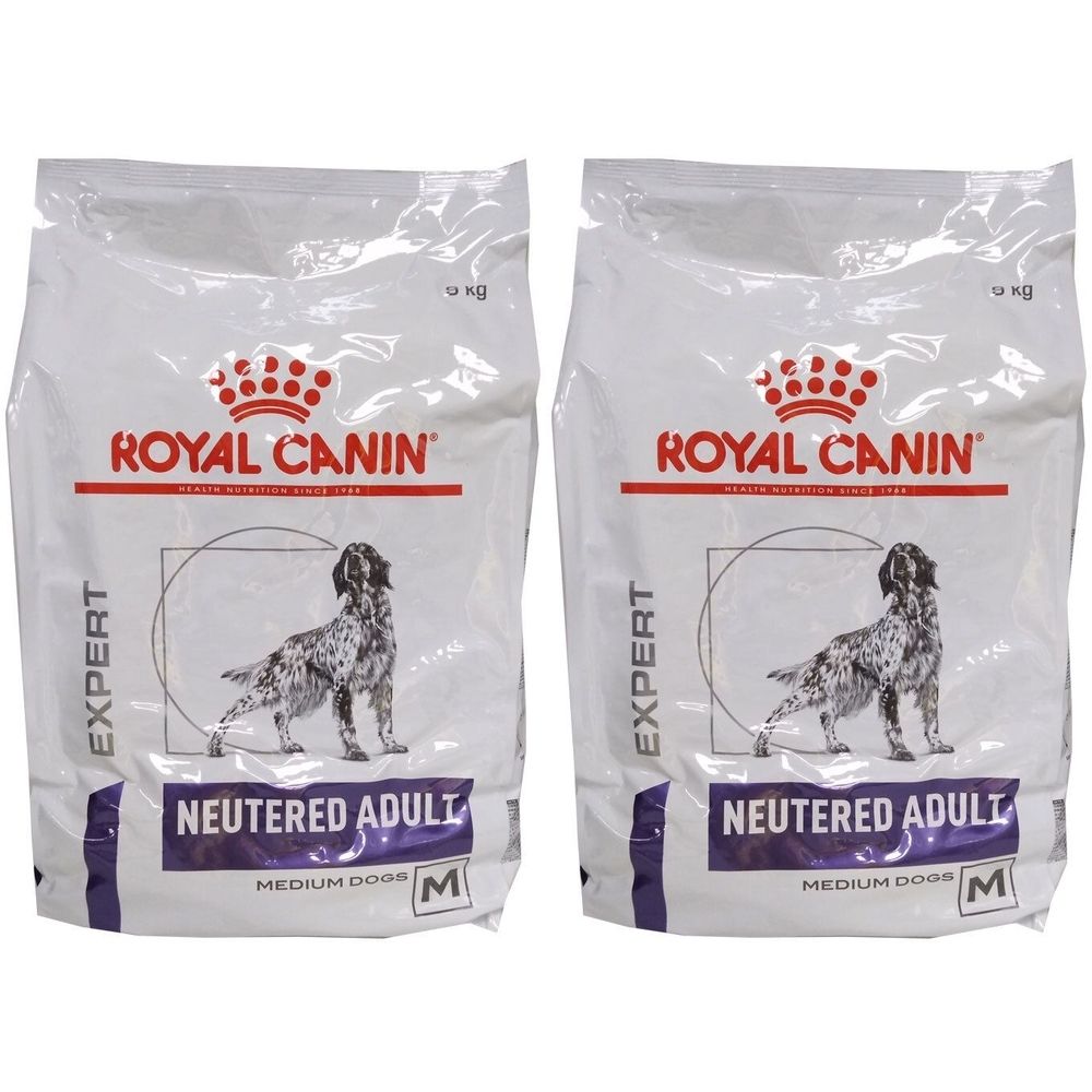 Deux sacs de ROYAL CANIN® Neutered Adult Medium Dogs. Fond blanc, logo et nom du produit en rouge et bleu.