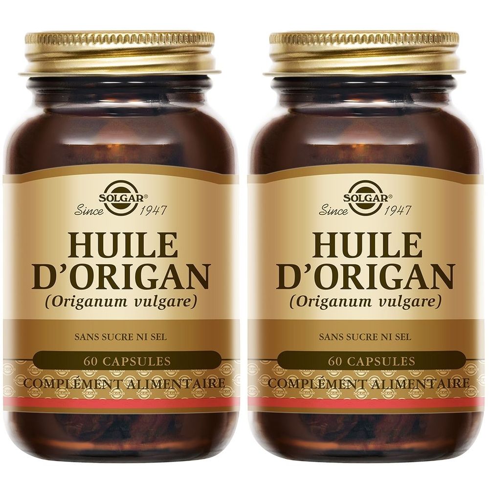 Deux flacons de SOLGAR Huile d'Origan. Flacons en verre brun avec bouchons et étiquettes dorés. Inscription : Huile d'Origan, 60 capsules.
