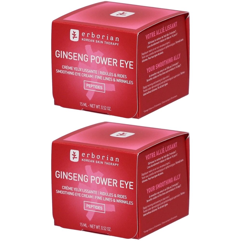 Deux boîtes rouges "Ginseng Power Eye". Inscription "Crème yeux lissante". Marque Erborian. Contenance 15 ml.
