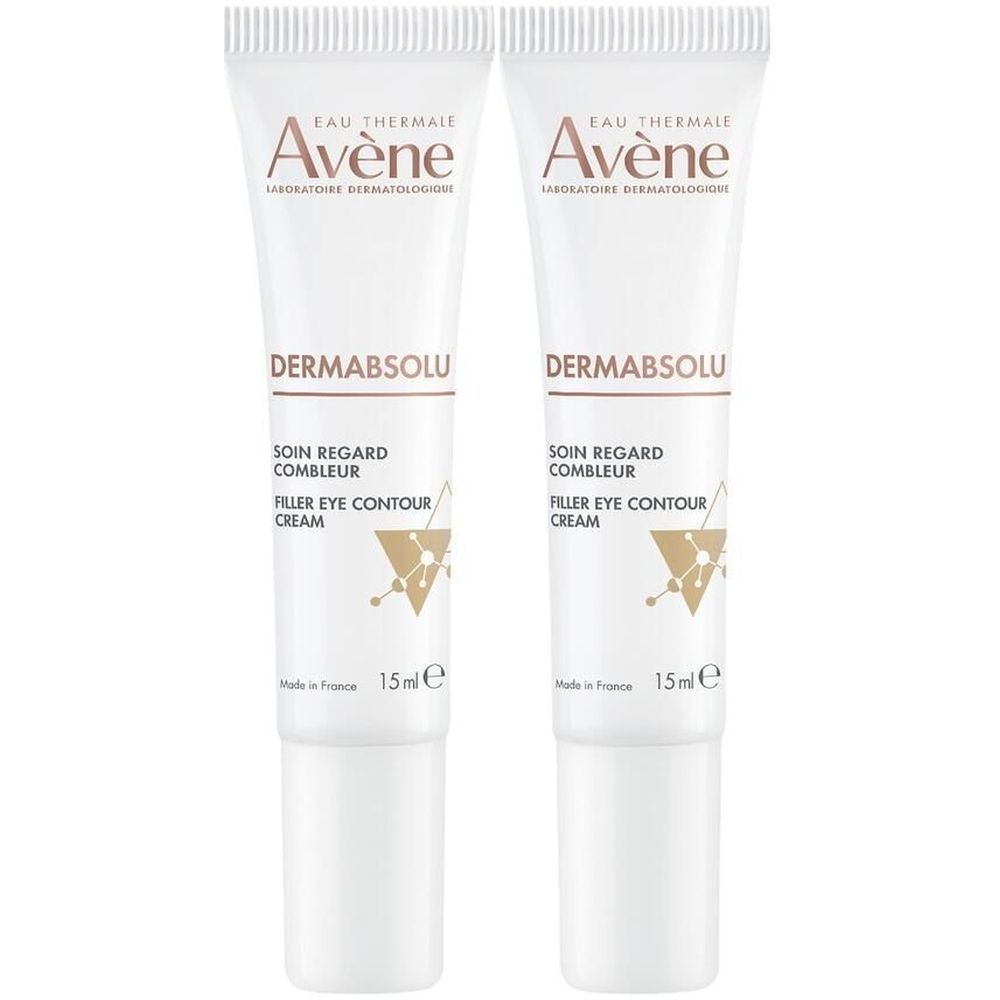 Deux tubes de crème contour des yeux Avène Dermabsolu. Tubes blancs avec texte et logo. 15 ml.