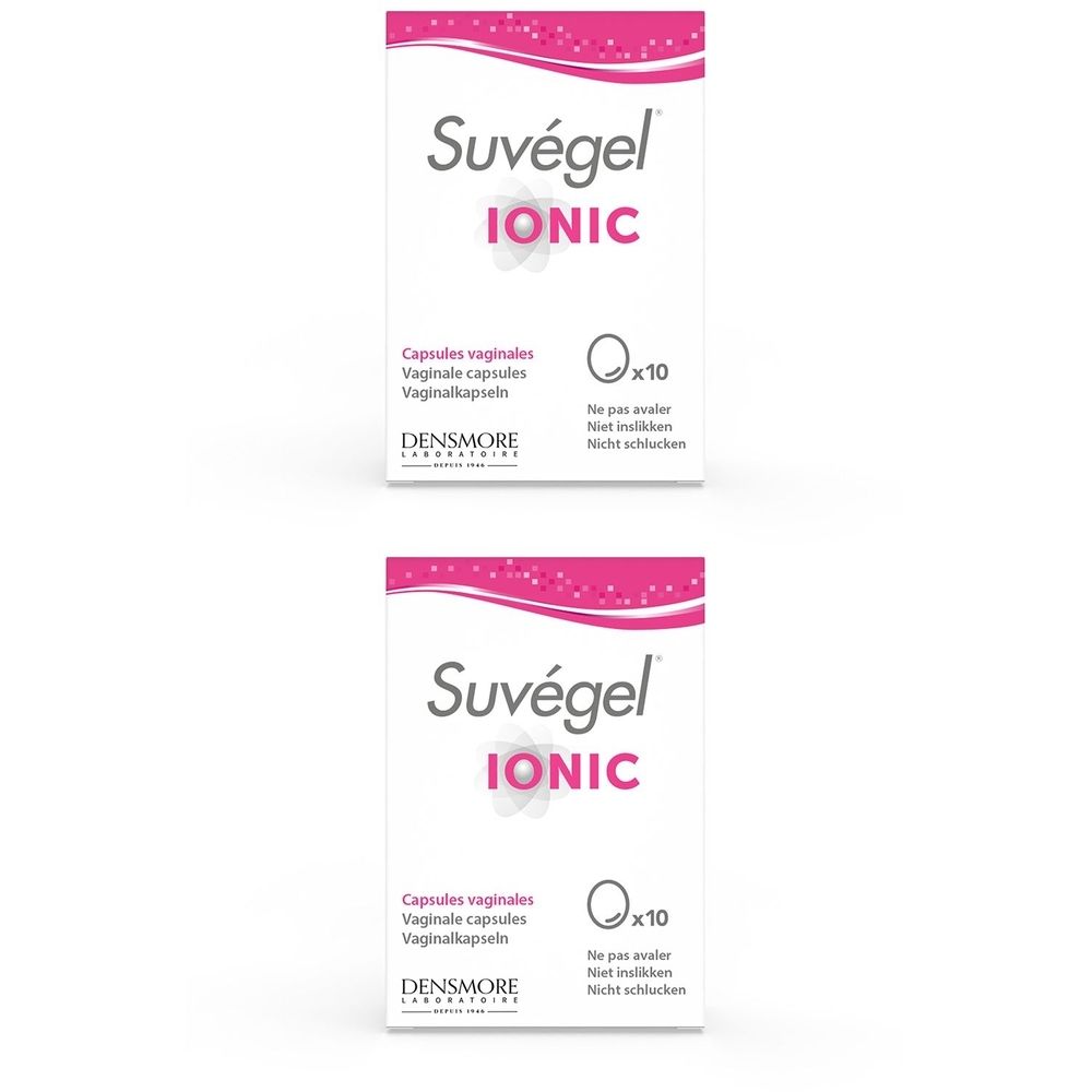 Deux boîtes de Suvégel Ionic. Inscription : capsules vaginales, x10. Marque : Densmore.