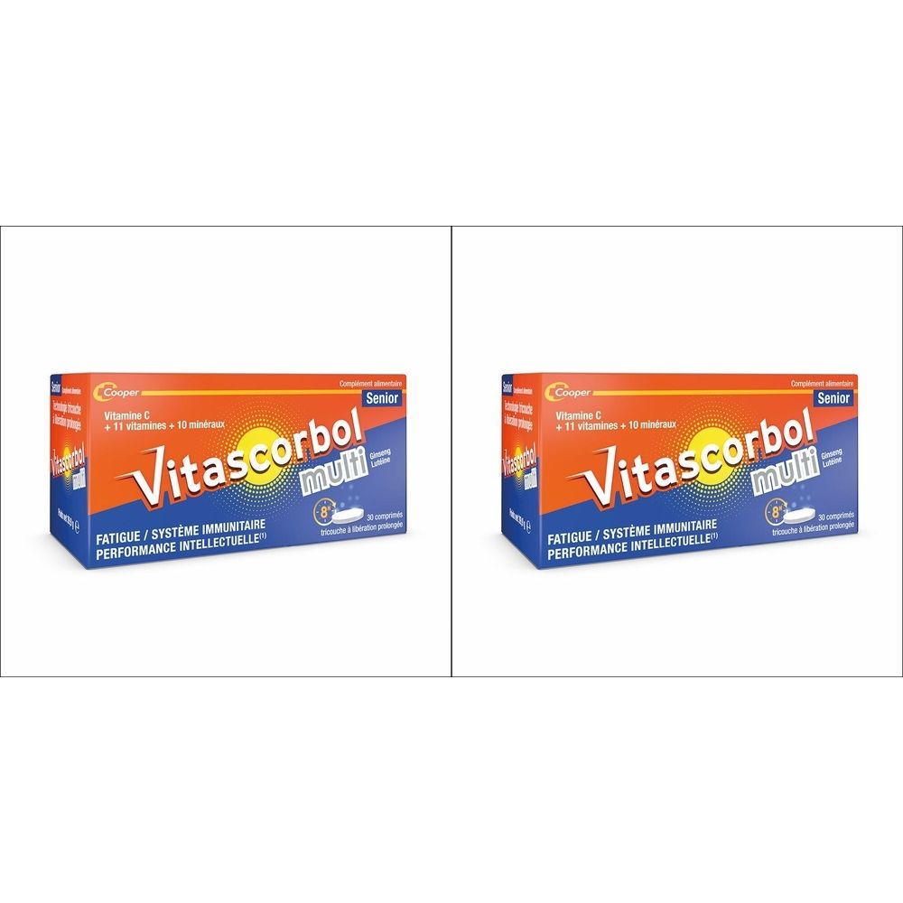 Boîte Vitascorbol multi. Emballage orange et bleu. Inscription : Vitascorbol multi, Senior. Contient 30 comprimés.