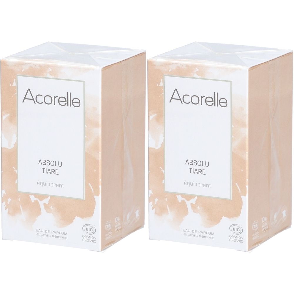 Deux boîtes rectangulaires. Sur le devant, "Acorelle Absolu Tiaré". Sceau de certification biologique.