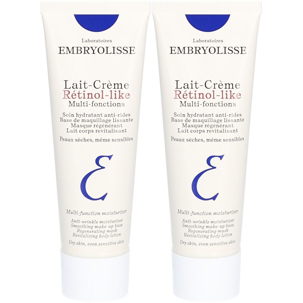 Deux tubes de Lait-Crème Rétinol-like EMBRYOLISSE. Tubes blancs avec texte et logo bleus. Multi-fonctions, hydratant anti-rides.