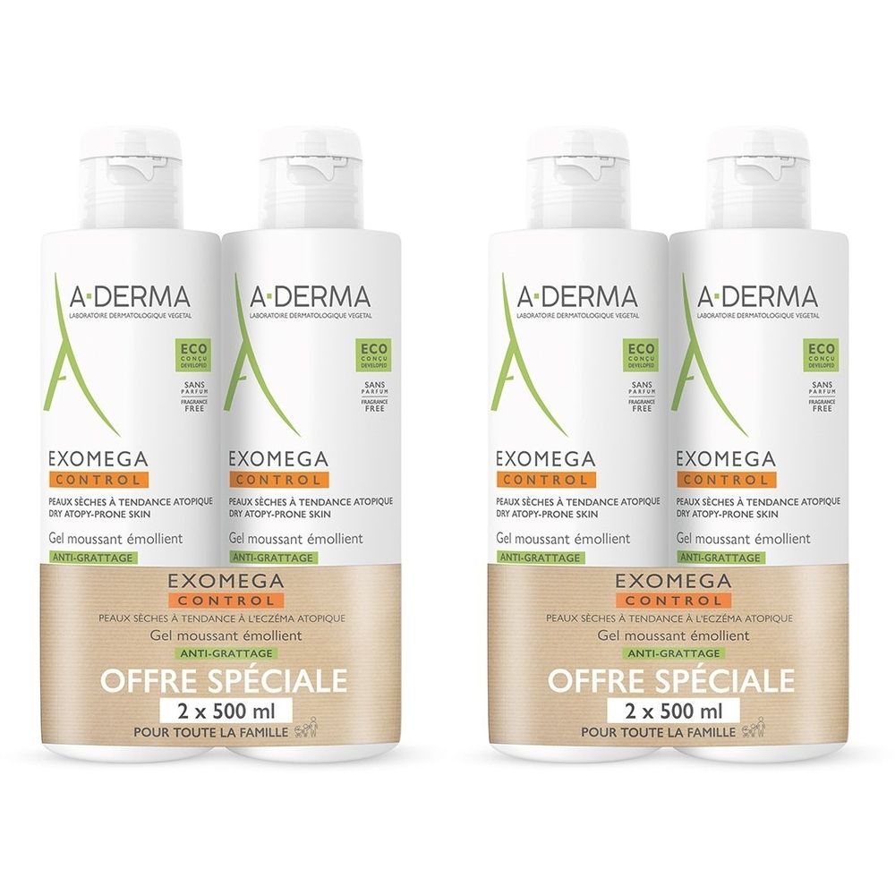 Quatre flacons de gel moussant A-DERMA Exomega Control. Inscription : Offre Spéciale, 2 x 500 ml. Certification ECO.