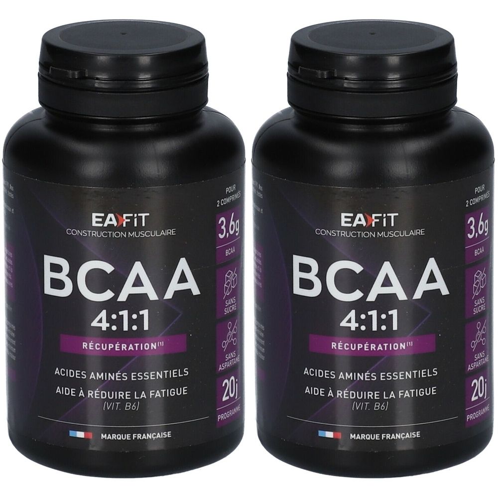 Deux flacons noirs avec texte blanc. Inscription: EA FIT BCAA 4:1:1, acides aminés, aide à réduire la fatigue. Marque française.
