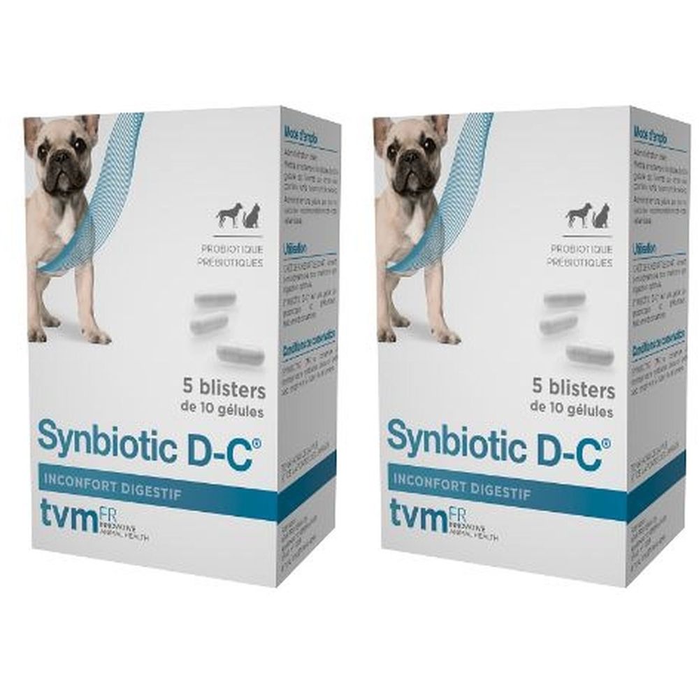 Deux boîtes de gélules "Synbiotic D-C". Chaque boîte présente un chien. Inscription : "5 blisters de 10 gélules".