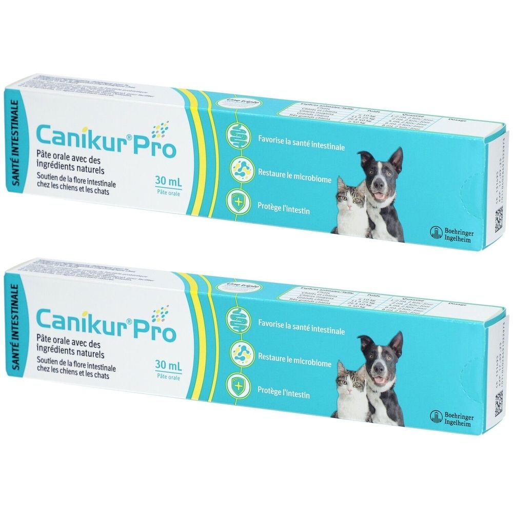 Deux boîtes de Canikur Pro. Emballages bleus et blancs avec nom du produit, ingrédients et illustrations de chien et chat.